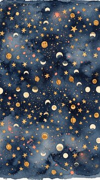 Watercolor night sky pattern with golden stars, planets, and moon phases