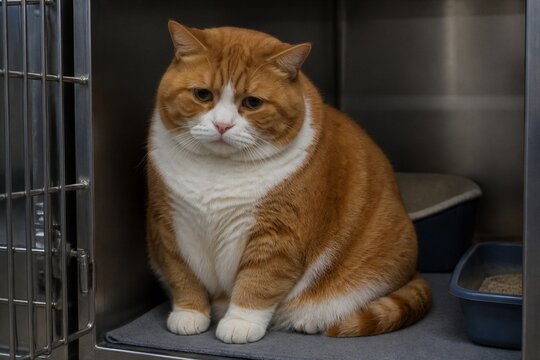 Plump orange cat sits calmly in a metal cage. White chest contrasts with rich fur tones. Eyes gaze forward with quiet, unflinching expression. Gray floor and blue litter box complete the scene