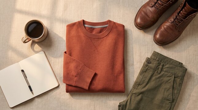 Flat lay of men's autumn fashion outfit with rust sweater, green trousers, brown boots, notebook, and coffee