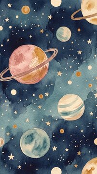 Watercolor space pattern with planets, stars and galaxies hand drawn cute universe background for kids