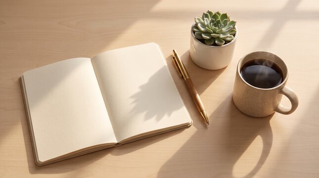 Cozy morning desk setup with an open blank notebook, golden pen, potted succulent, and hot coffee cup