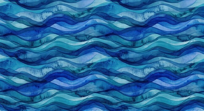 Blue watercolor waves seamless pattern abstract background, artistic flowing water design, handpainted ocean texture backdrop, vector illustration