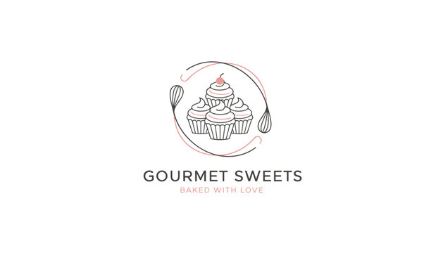 Elegant branding logo for a gourmet sweets bakery featuring four delicious cupcakes surrounded by vintage whisks.