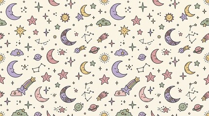 Fototapeta premium Cute celestial pattern with smiling moons, suns, stars, planets, and constellations on a cream background