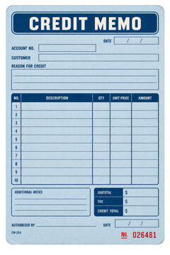 Vintage blue credit memo form with customer fields, item table and financial totals isolated on transparent background