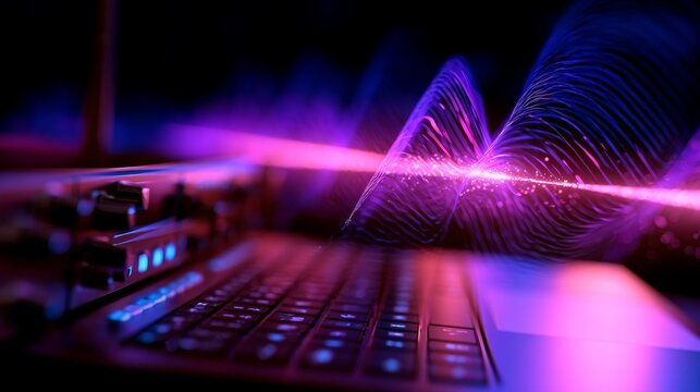 Digital music production visualizing sound waves on laptop