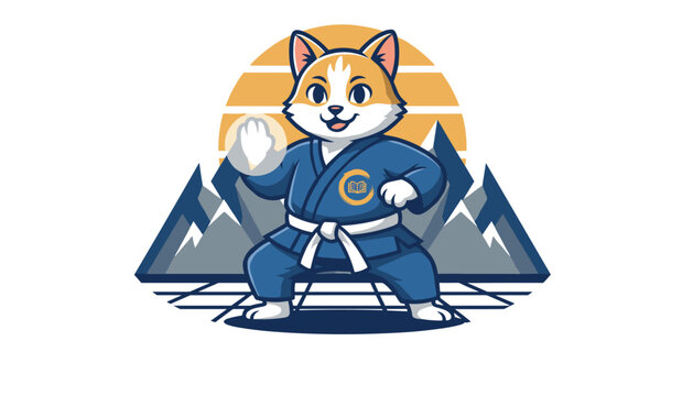 Cartoon illustration of a cute cat wearing a blue martial arts gi and doing a karate pose in front of mountains.