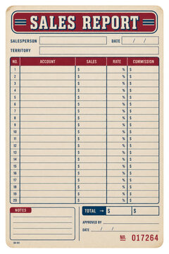 Vintage beige sales report form with red and blue table, commission columns and approval fields isolated on transparent background