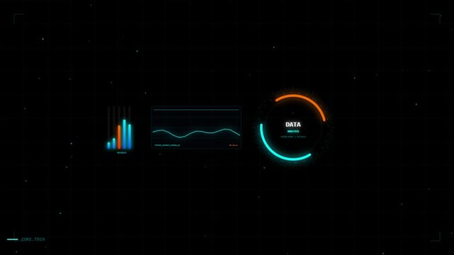 Digital futuristic interface with graphs with circular progress indicator on transparent background