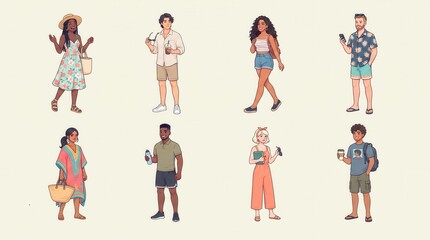 Fototapeta premium Collection of diverse cartoon travelers and vacationers standing in summer wear