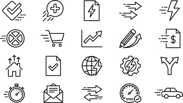 Fast business optimization line icons pack containing quick shopping invoice lightning energy speed growth and processing symbols