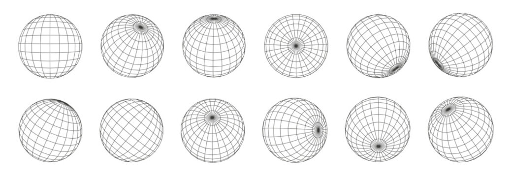 Wireframe sphere grid icon set. 3D globe line models, earth meridians and parallels, latitude longitude coordinate mesh. Global network and geography vector illustration set. Digital technology and ge