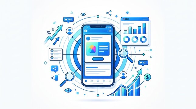 Smartphone surrounded by business analytics charts and mobile app interface