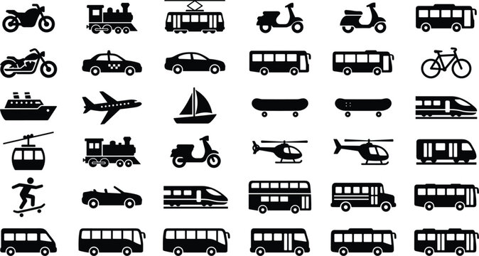 Large vehicles and personal transit silhouette icons mega set including motorcycle bus train helicopter and boat vectors