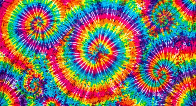 Vibrant tiedye pattern with a colorful explosion of swirls, creating a psychedelic and hypnotic retro textile background