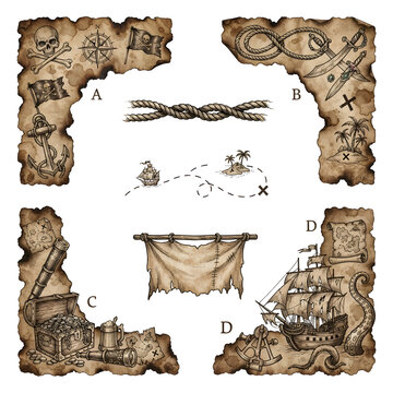 Vintage pirate treasure map corner borders and nautical design elements set