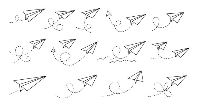 Hand drawn paper plane vector set, minimalist paper airplane icons with dashed flight paths, 14 black line art illustrations