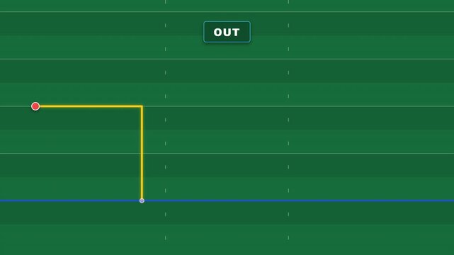 A digital graphic representation of a sports play on a green field background.