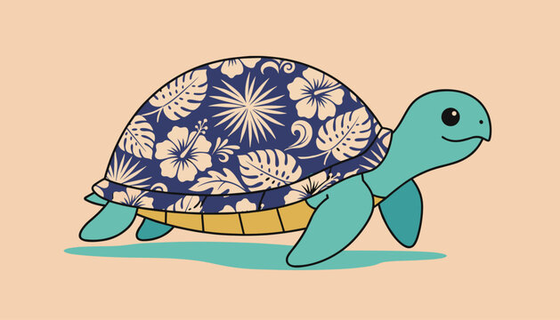 Cute blue cartoon turtle walking with a beautiful hawaiian floral and tropical leaf pattern printed on its dark blue shell.
