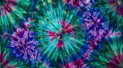 Fototapeta premium Vibrant tie dye pattern with colorful burst of turquoise, purple, and green hues in a psychedelic abstract design