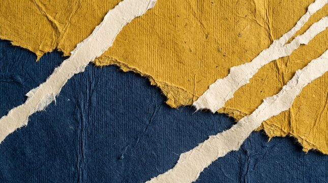 Abstract background of torn handmade paper in navy blue, mustard yellow, and offwhite with textured surface