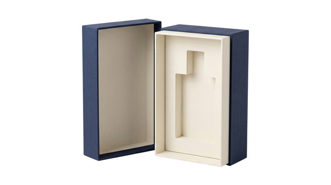 Elegant Navy Blue Luxury Gift Box with Cream White Interior Foam Insert Open on a White Background for Product Presentation Packaging