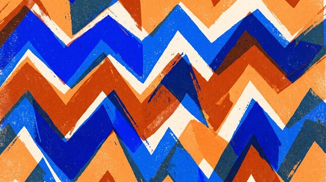 Abstract chevron pattern with overlapping layers of vibrant blue, burnt orange, and cream textured zigzag shapes in a retro artistic design