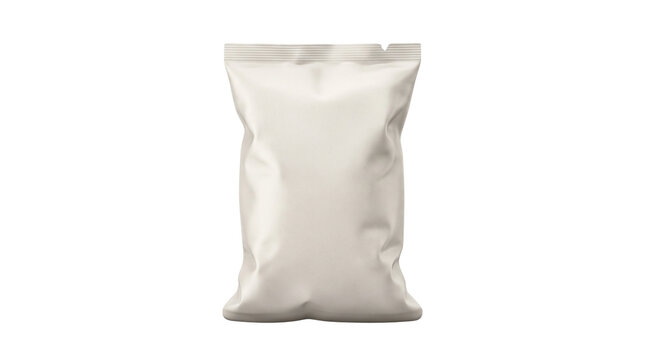 Blank white foil snack bag mockup for food packaging design isolated on white background, empty plastic potato chip pouch template
