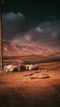 Rusted sedan stranded on lonely highway shoulder, wide arid plain and mountain silhouette beneath brooding sky, scattered debris and old signage hint