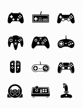 Set of black video game controller icons for gaming consoles and retro arcade systems