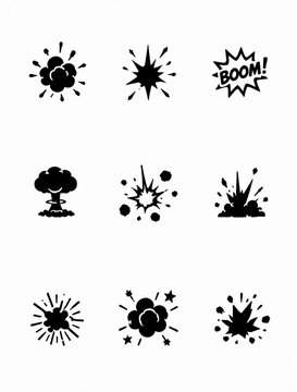 Set of black explosion icons and comic book boom speech bubbles on white background