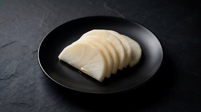 かぶ甘酢漬け, a close-up studio shot of thin, crunchy slices of pickled white turnip served elegantly on a minimalist black ceramic plate on a dark table.