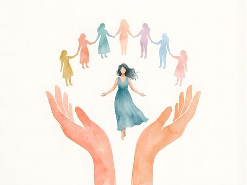 Watercolor illustration of women holding hands and being protected