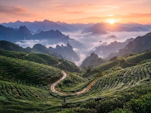 Stunning sunrise over terraced tea plantations in the mountains