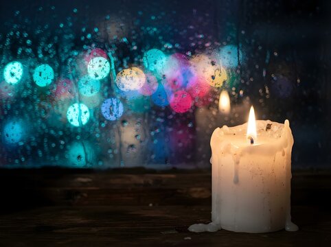 Lit candle on a wooden surface against a rainy window at night