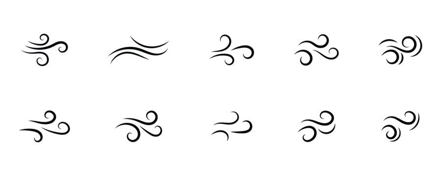 Graphic design wind flowing icons for nature, and climate designs on app and website. Black and white different wind icon vector sign.