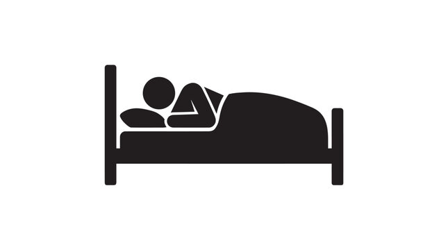 Minimalist black icon representing person sleeping peacefully in bed with simple flat vector graphic style