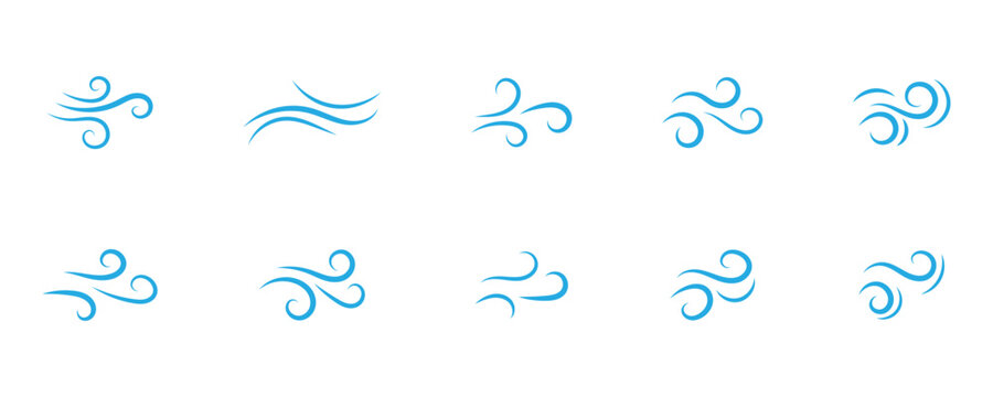 Decorative wind flowing icons for nature, and climate designs on app and website. Blue color hand drawn different wind vector sign on white background.