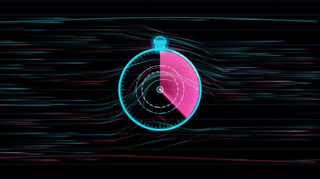 Neon digital stopwatch timer with abstract data flow background