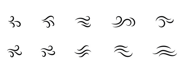Fototapeta premium Collection of black and white windy, storm icon set used as weather forecasts for displaying current conditions, wind speeds, breezes and storms on mobile apps and websites. Vector wind line art icon.