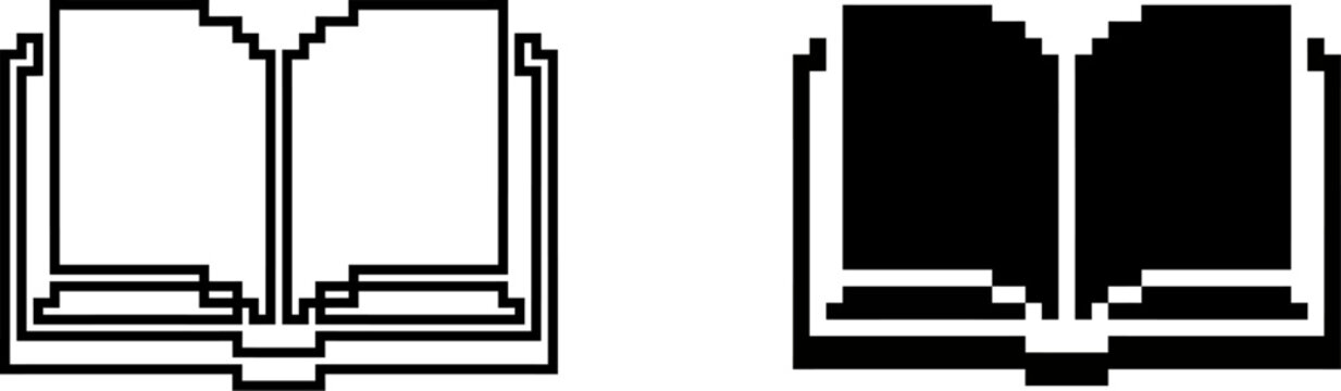 Pixel art book icons set, retro 8-bit open book vector graphics, black and white digital library symbols for gaming