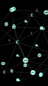 Animation of globe of digital network of connections with icons over pink 3d cityscape model