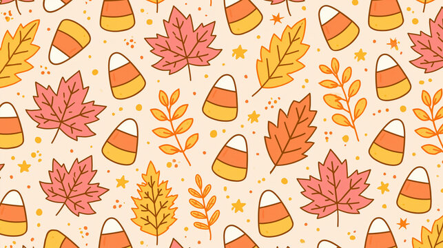 seamless pattern of candy corn and maple leaves wallpaper, Halloween candy corn, Fall illustration