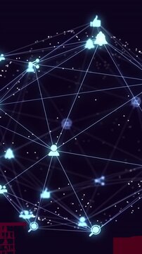 Animation of globe of digital network of connections with icons over 3d cityscape model