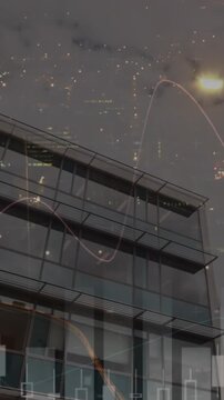 Animation of financial data processing over cityscape