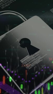 Financial data processing and security padlock icon against screens with network of connections