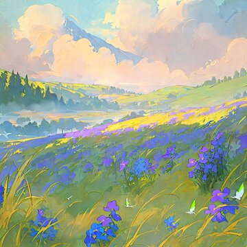 Spring landscape with rolling hills, blue wildflowers, and clouds watercolor