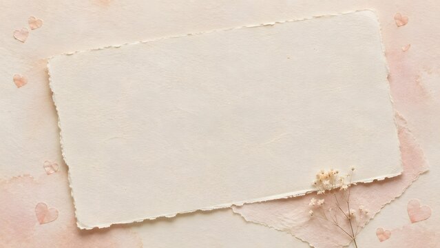 Blank vintage paper card with torn edges decorated with dried flowers and small hearts on a soft pastel pink watercolor background