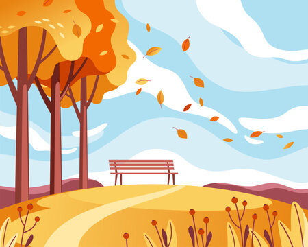 Autumn landscape with bench and leaves falling in. Vector illustration.