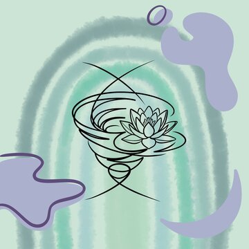 Water Element Line Art Icon Lotus and Swirl on Abstract Pastel Background
